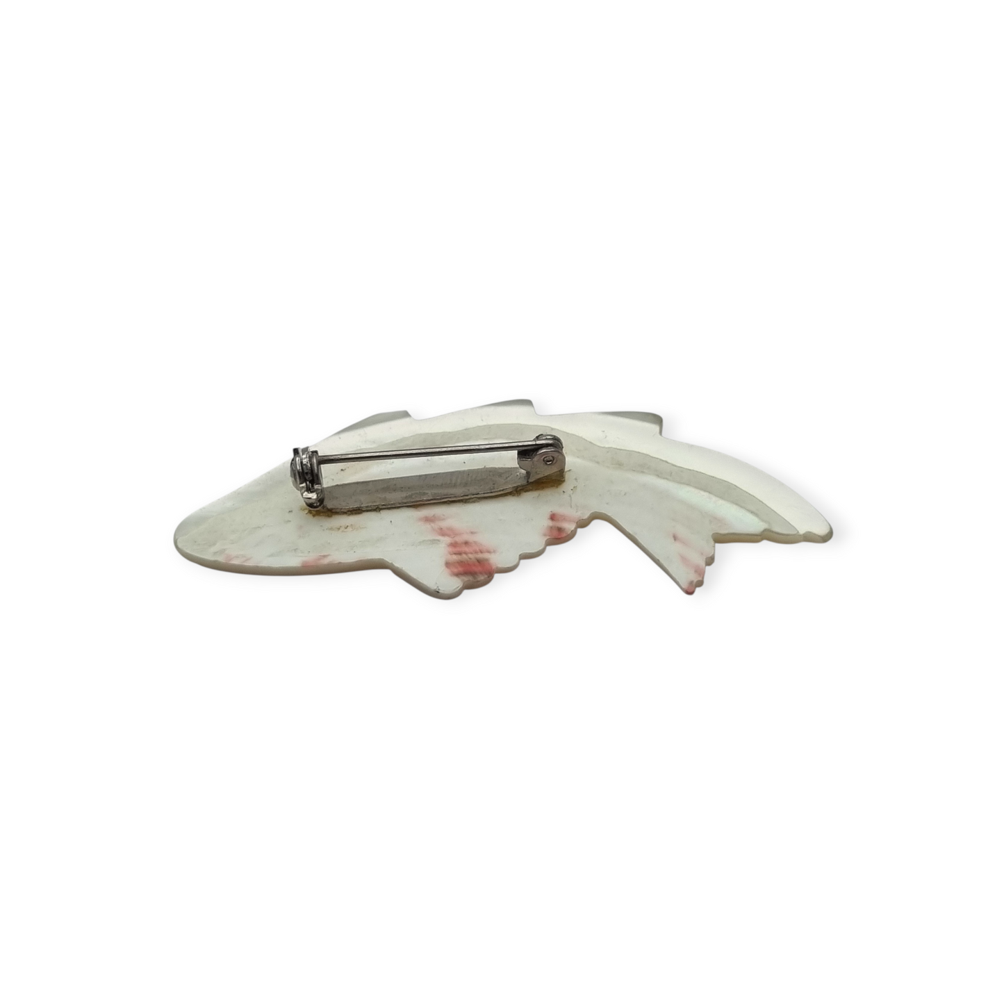 Vintage costume jewelry natural mother-of-pearl carved fish brooch, 1950s