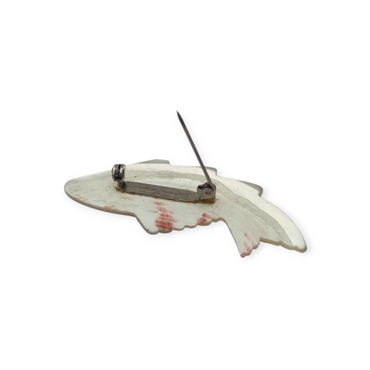 Vintage costume jewelry natural mother-of-pearl carved fish brooch, 1950s