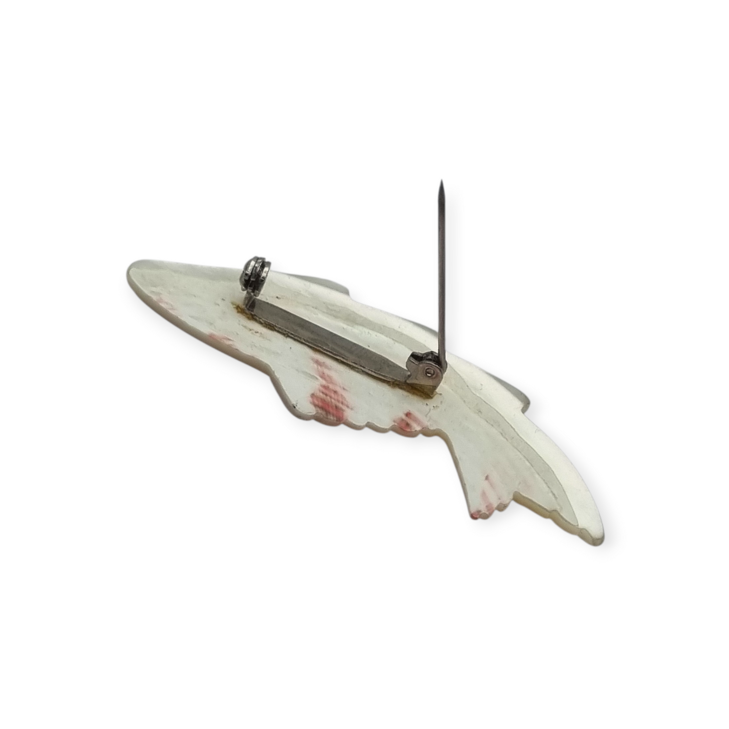Vintage costume jewelry natural mother-of-pearl carved fish brooch, 1950s
