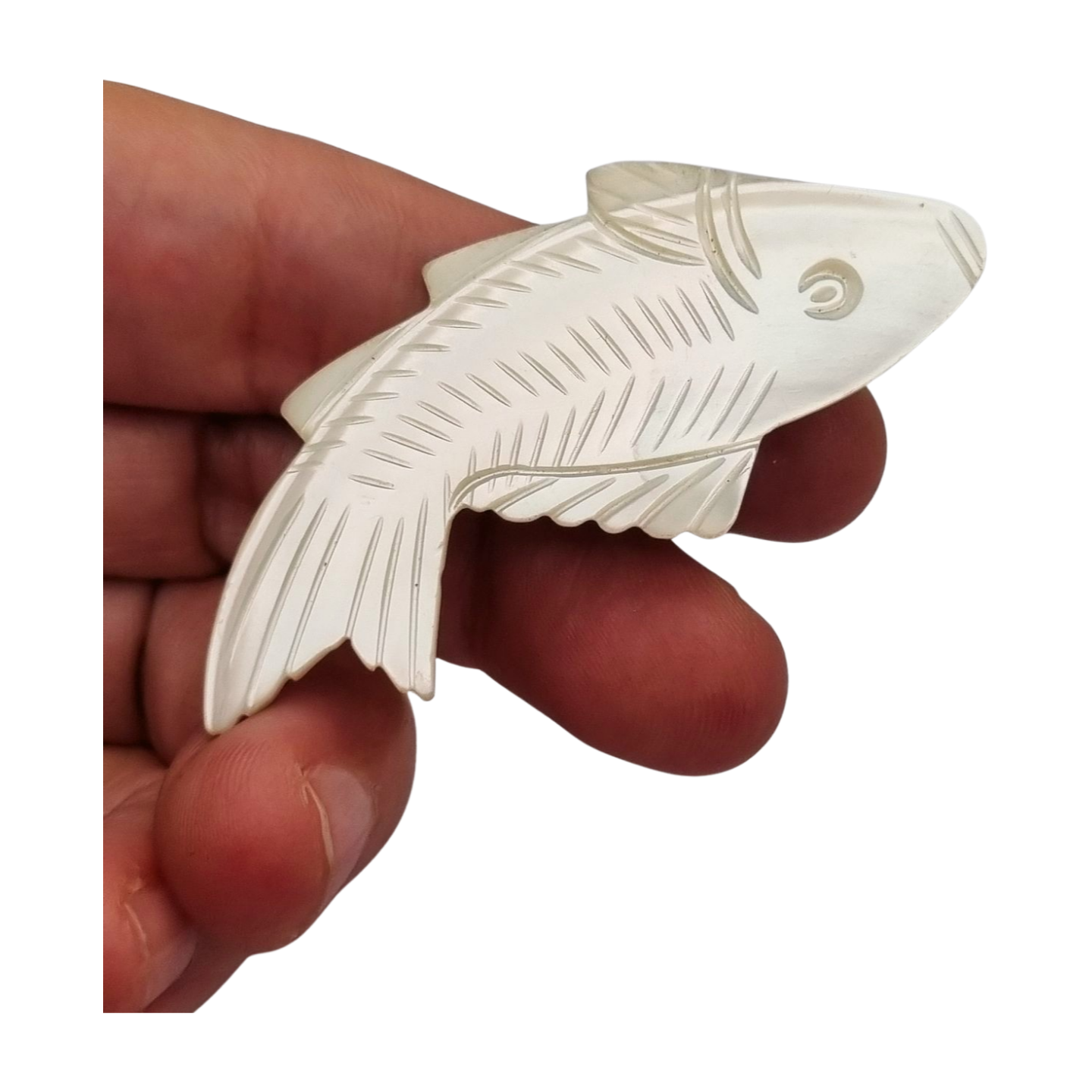 Vintage costume jewelry natural mother-of-pearl carved fish brooch, 1950s