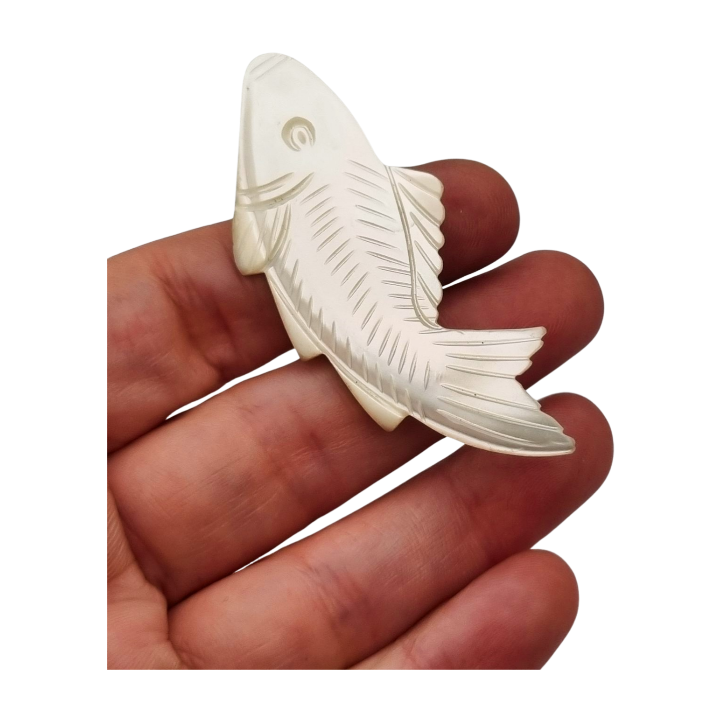 Vintage costume jewelry natural mother-of-pearl carved fish brooch, 1950s