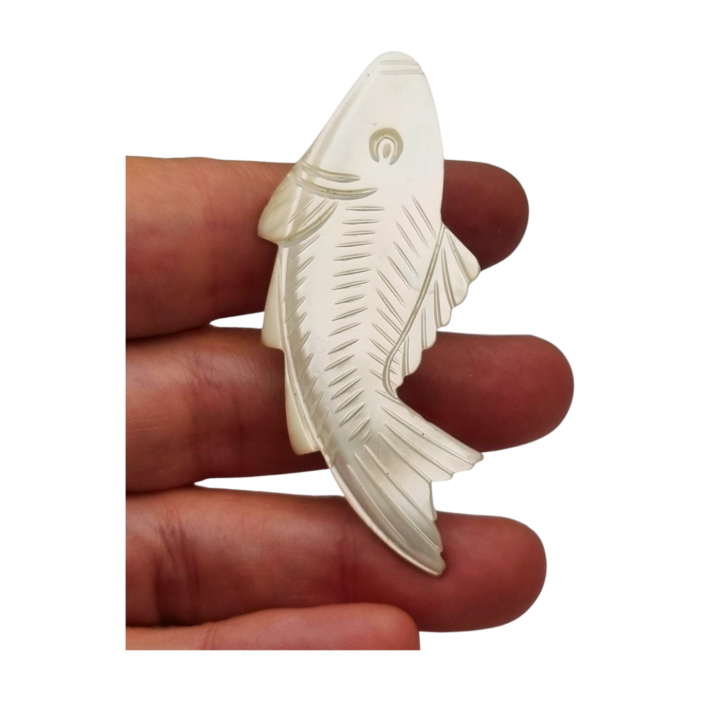 Vintage costume jewelry natural mother-of-pearl carved fish brooch, 1950s