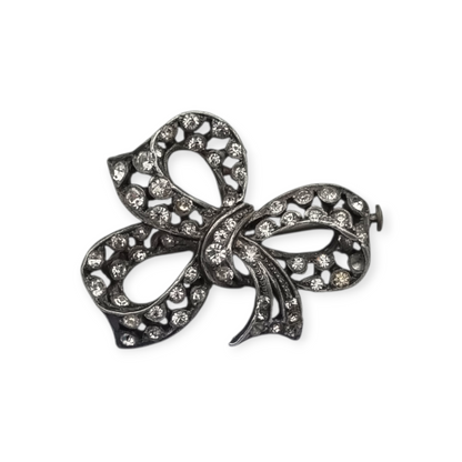 Antique brooch, Art Deco silver-plated metal bow with rhinestones, circa 1940-1950