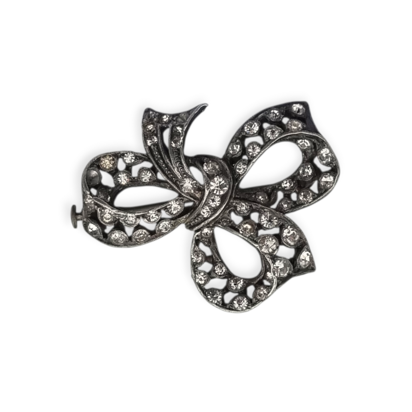 Antique brooch, Art Deco silver-plated metal bow with rhinestones, circa 1940-1950