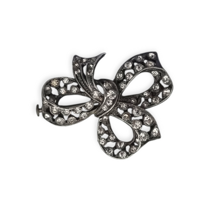 Antique brooch, Art Deco silver-plated metal bow with rhinestones, circa 1940-1950