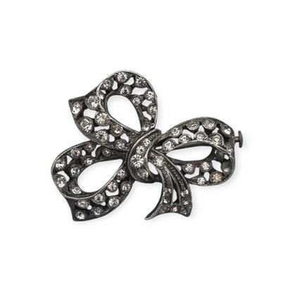 Antique brooch, Art Deco silver-plated metal bow with rhinestones, circa 1940-1950