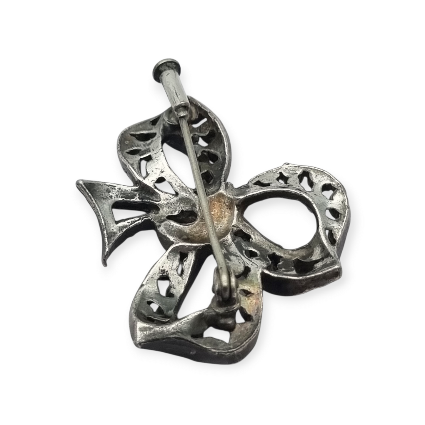 Antique brooch, Art Deco silver-plated metal bow with rhinestones, circa 1940-1950