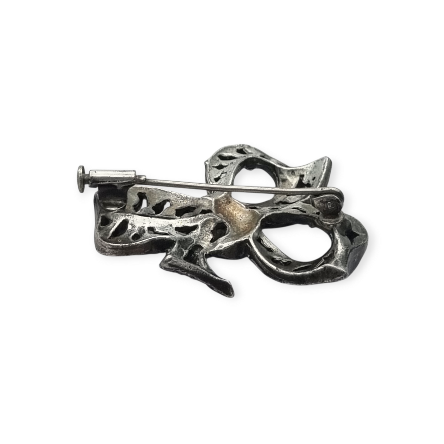 Antique brooch, Art Deco silver-plated metal bow with rhinestones, circa 1940-1950