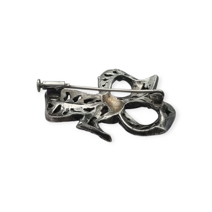 Antique brooch, Art Deco silver-plated metal bow with rhinestones, circa 1940-1950
