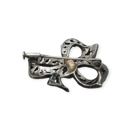Antique brooch, Art Deco silver-plated metal bow with rhinestones, circa 1940-1950