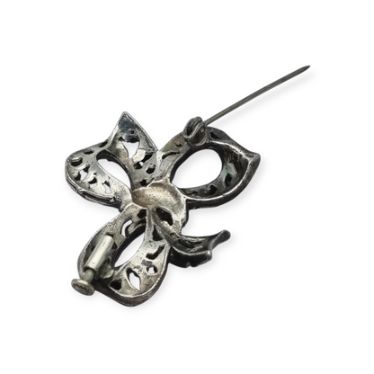 Antique brooch, Art Deco silver-plated metal bow with rhinestones, circa 1940-1950