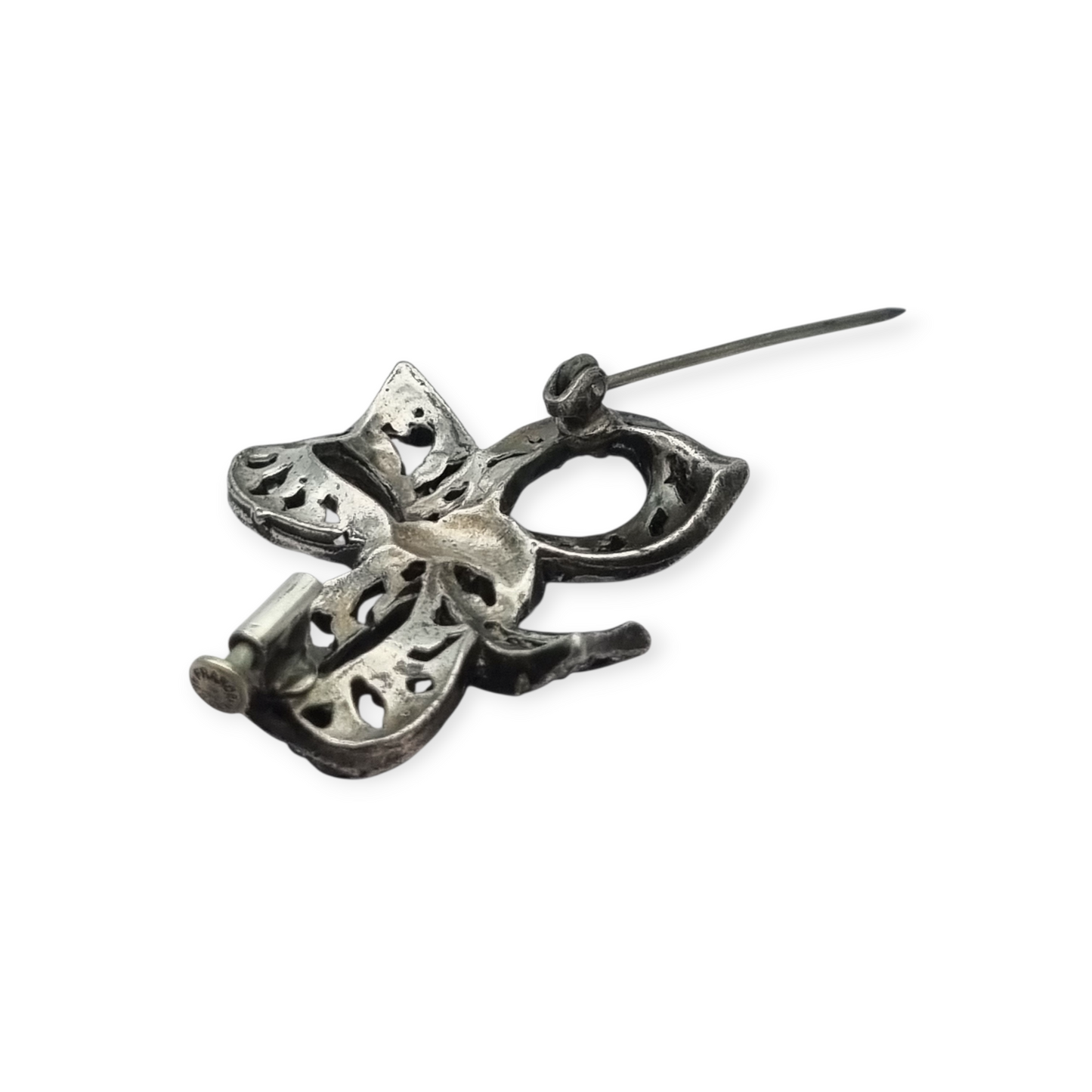 Antique brooch, Art Deco silver-plated metal bow with rhinestones, circa 1940-1950