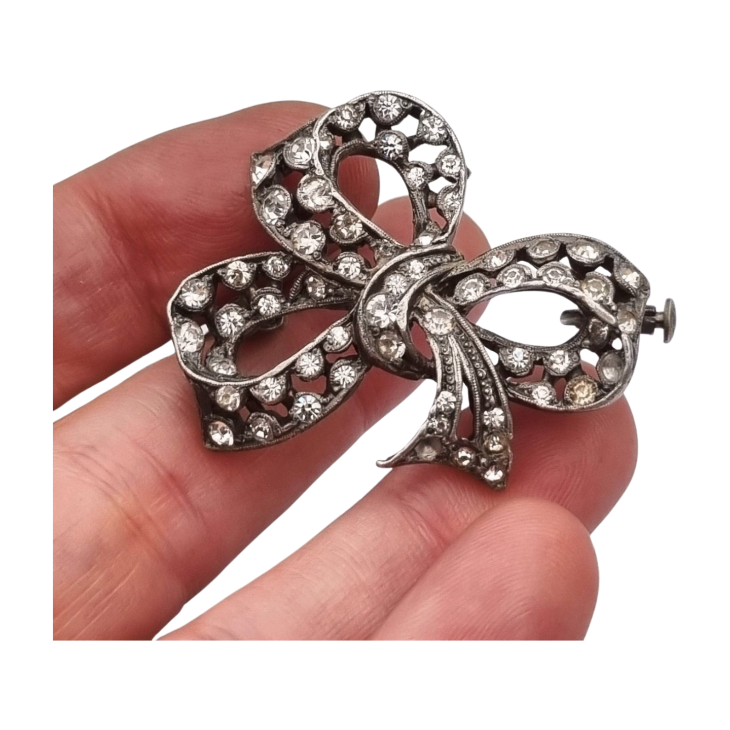 Antique brooch, Art Deco silver-plated metal bow with rhinestones, circa 1940-1950