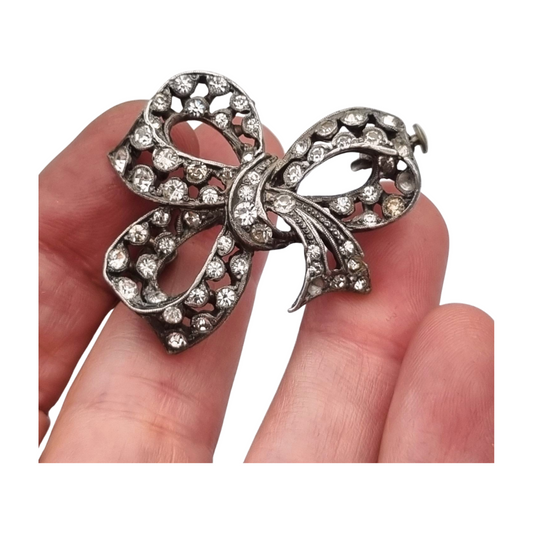 Antique brooch, Art Deco silver-plated metal bow with rhinestones, circa 1940-1950