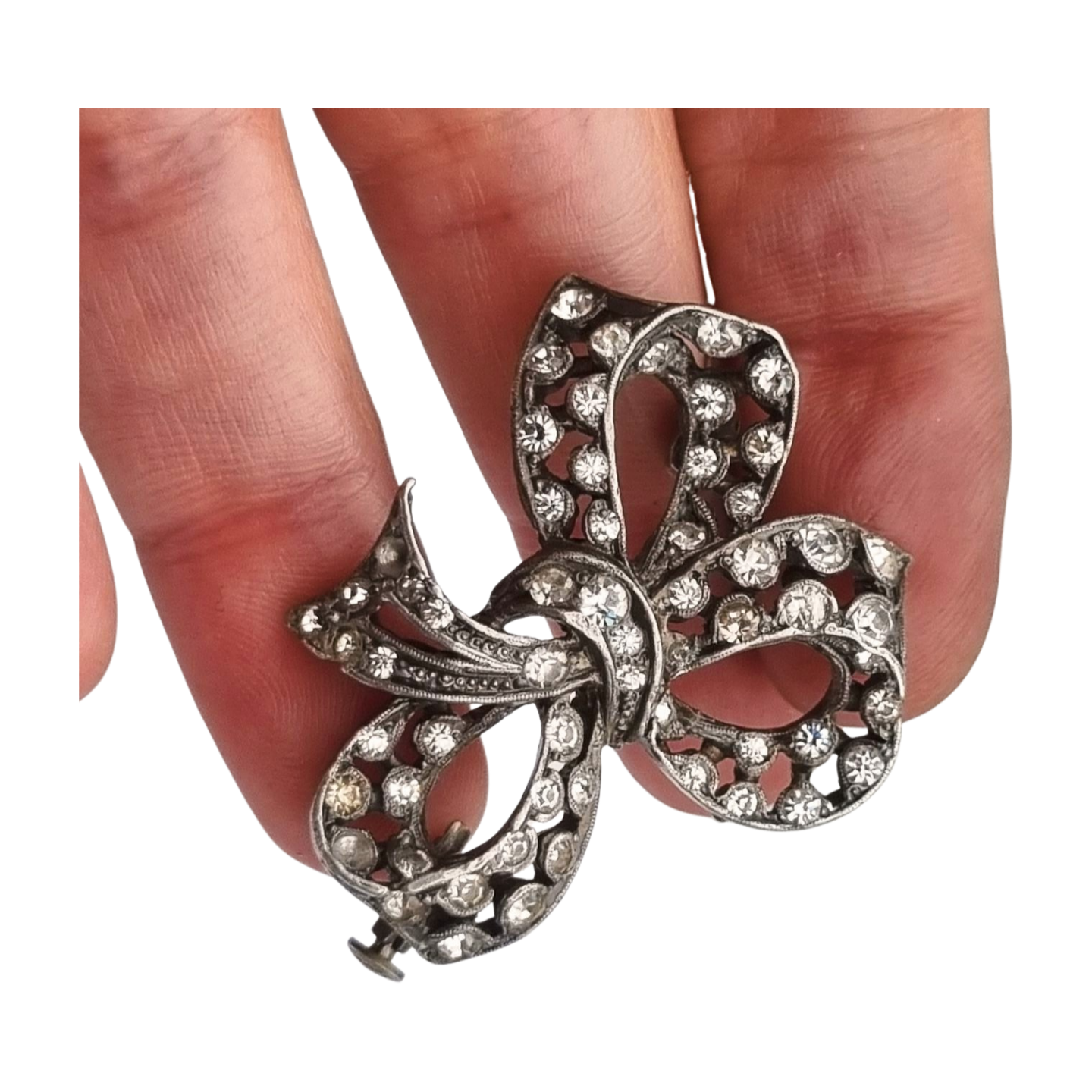 Antique brooch, Art Deco silver-plated metal bow with rhinestones, circa 1940-1950