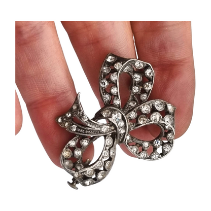 Antique brooch, Art Deco silver-plated metal bow with rhinestones, circa 1940-1950