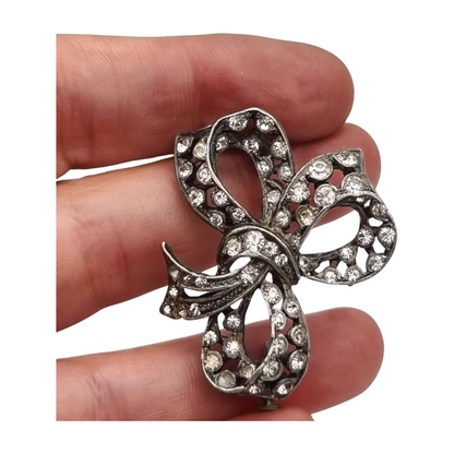 Antique brooch, Art Deco silver-plated metal bow with rhinestones, circa 1940-1950
