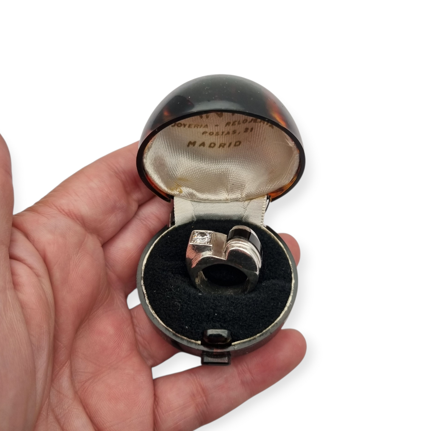 Anillo Art Déco francés en Plata 800 con ónix y cristal circa 1930