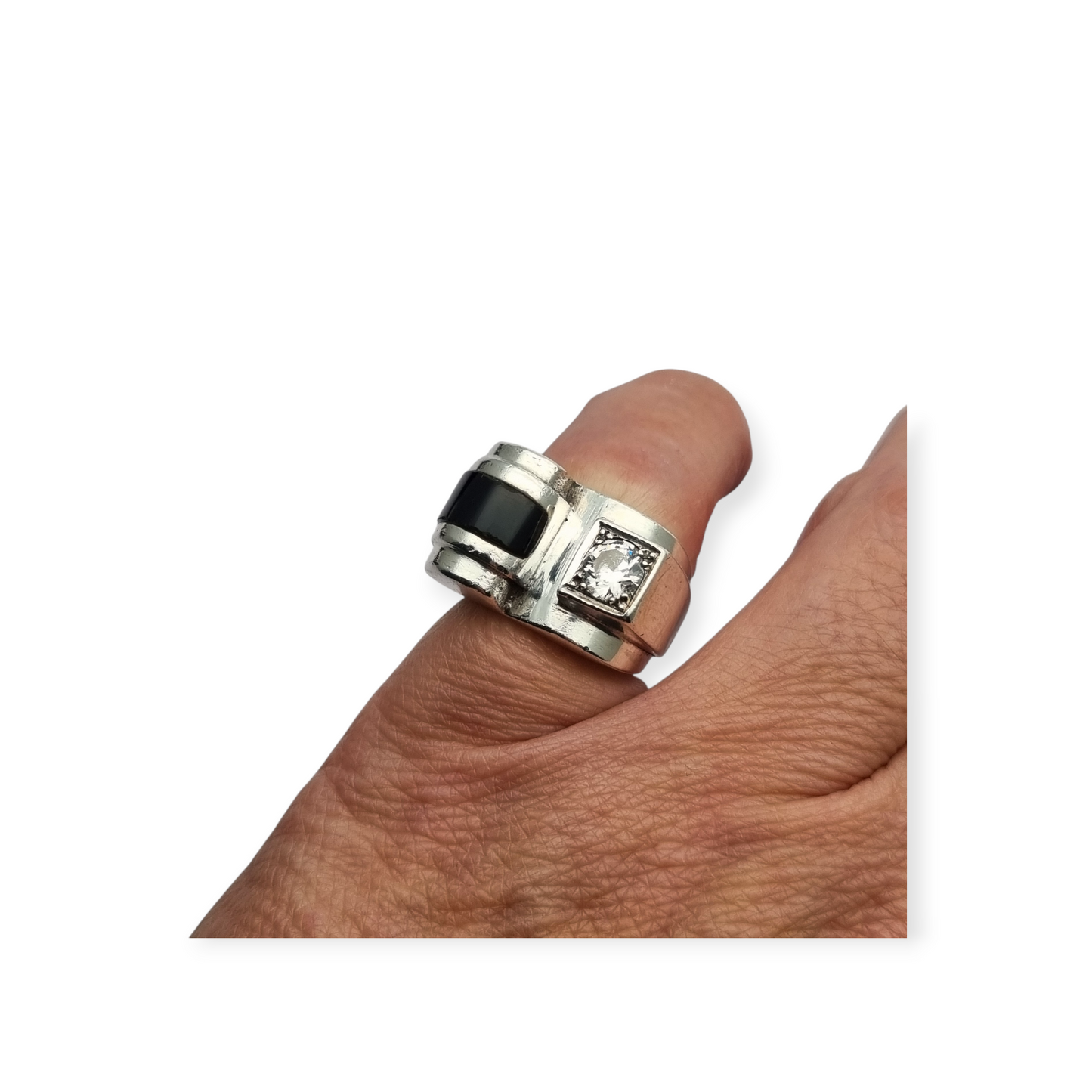 Anillo Art Déco francés en Plata 800 con ónix y cristal circa 1930