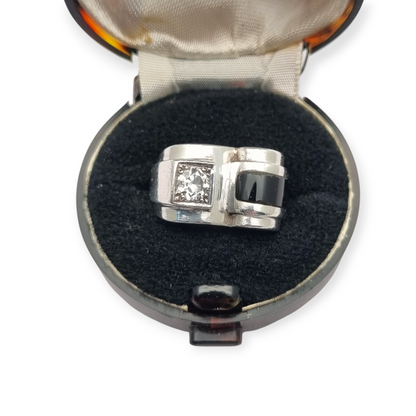Anillo Art Déco francés en Plata 800 con ónix y cristal circa 1930