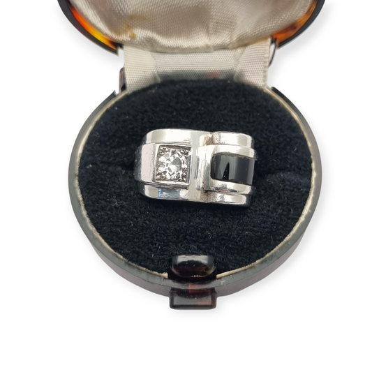 Anillo Art Déco francés en Plata 800 con ónix y cristal circa 1930