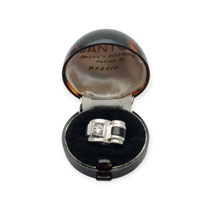 Anillo Art Déco francés en Plata 800 con ónix y cristal circa 1930