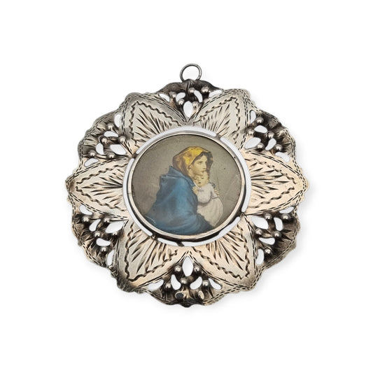 Antique 800 silver cradle medal, openwork with Madonna del Riposo, circa 1960