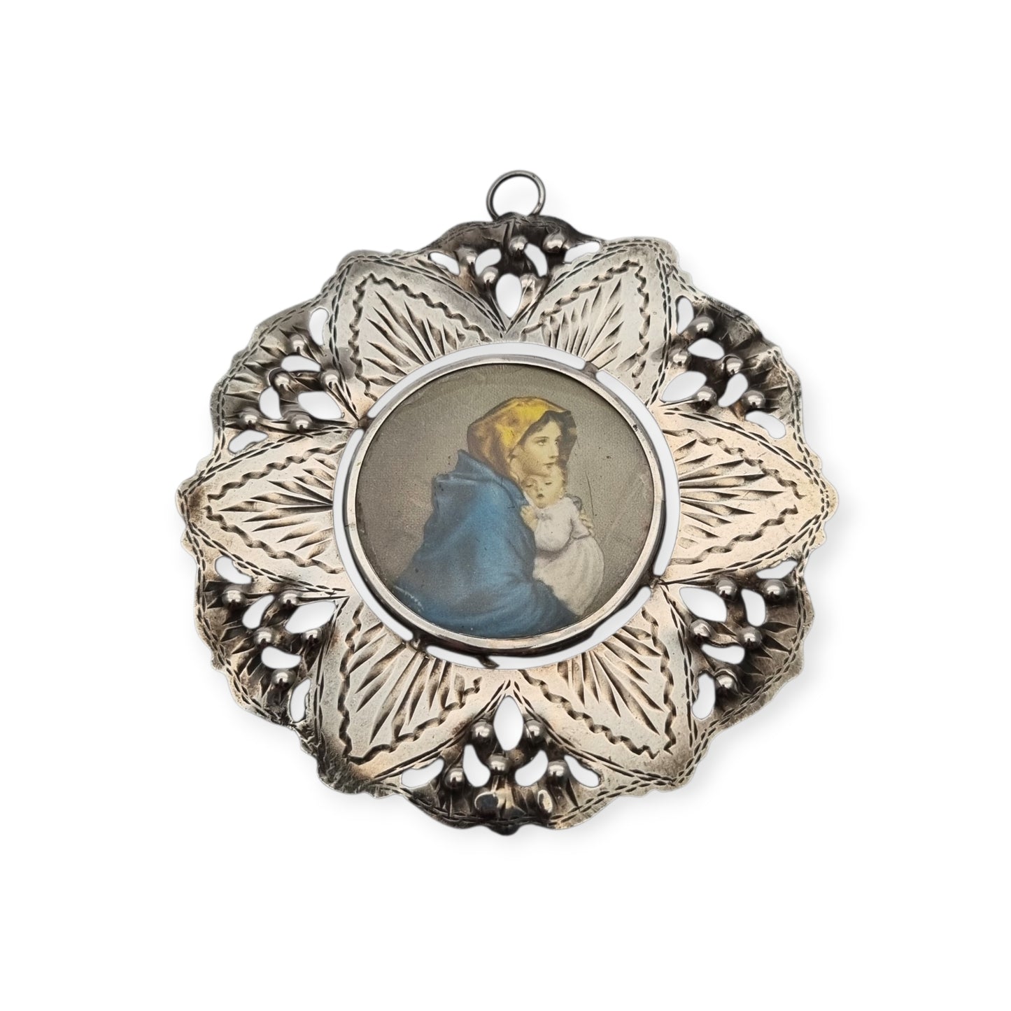Antique 800 silver cradle medal, openwork with Madonna del Riposo, circa 1960