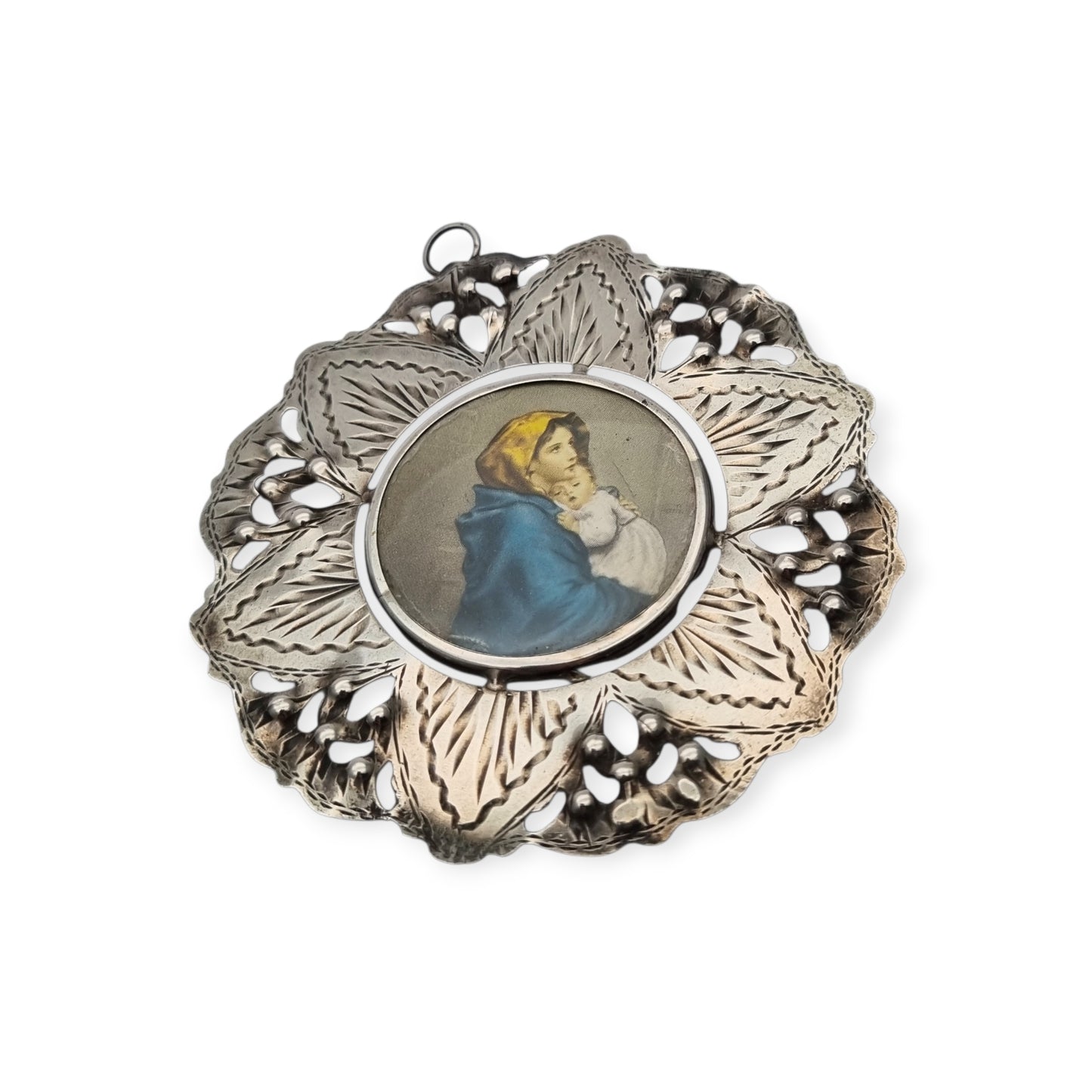 Antique 800 silver cradle medal, openwork with Madonna del Riposo, circa 1960