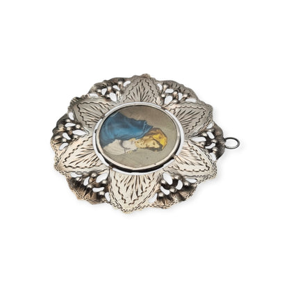 Antique 800 silver cradle medal, openwork with Madonna del Riposo, circa 1960