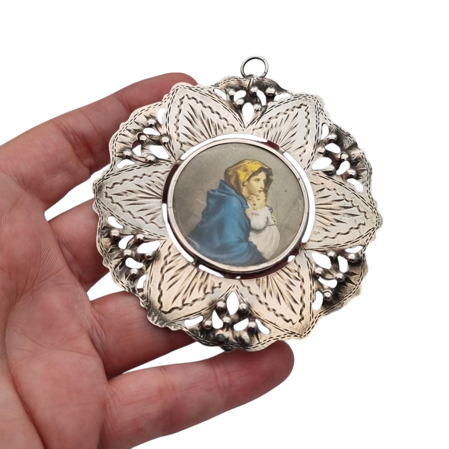 Antique 800 silver cradle medal, openwork with Madonna del Riposo, circa 1960