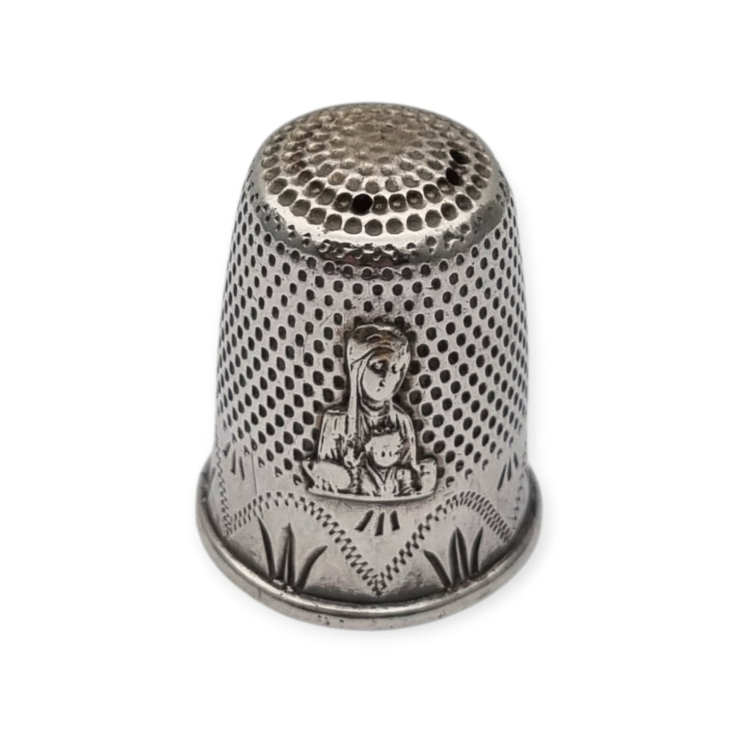 Antique sterling silver thimble with Virgin of Montserrat La Moreneta from the 50s-60s