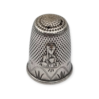 Antique sterling silver thimble with Virgin of Montserrat La Moreneta from the 50s-60s
