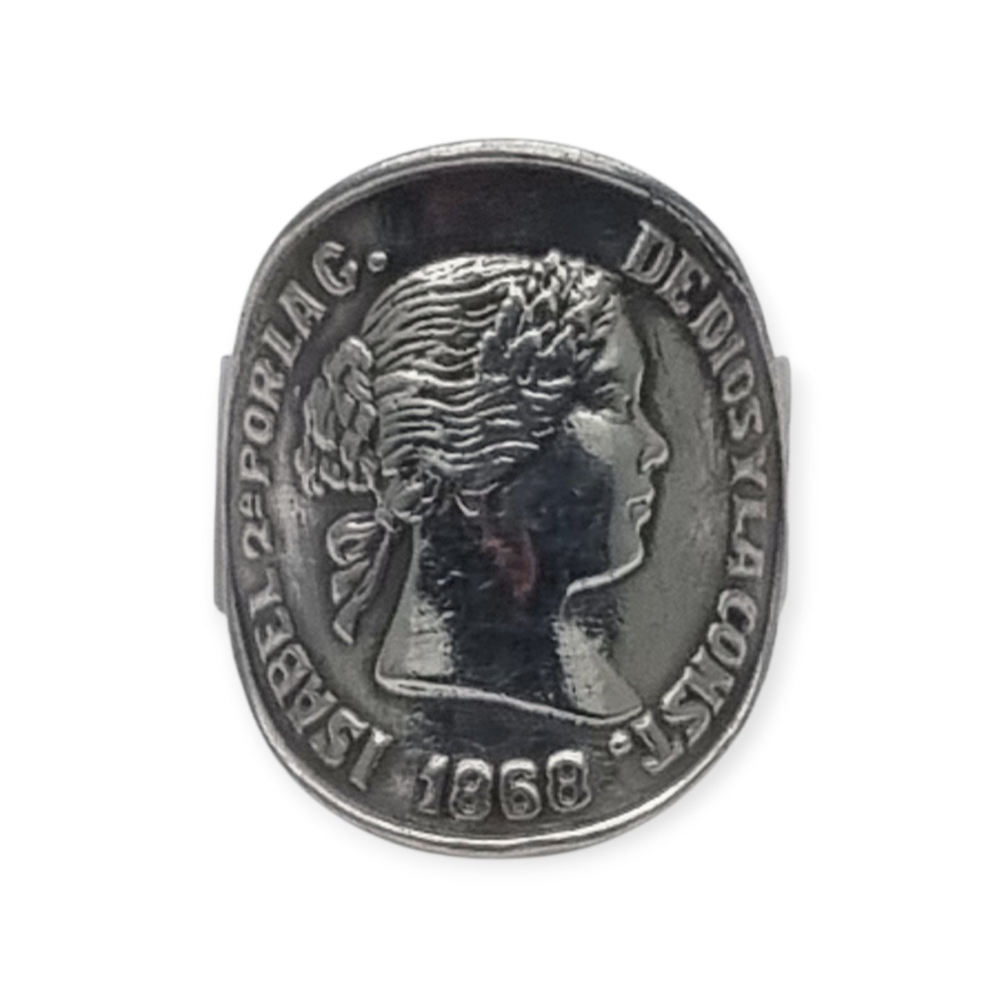 Queen Isabel II 1868 coin ring in silver, numismatic jewelry, circa 1950