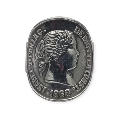 Queen Isabel II 1868 coin ring in silver, numismatic jewelry, circa 1950