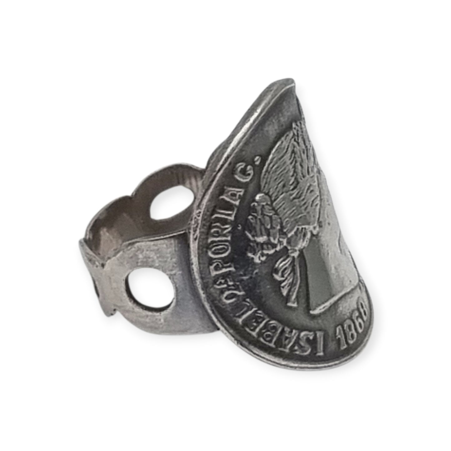 Queen Isabel II 1868 coin ring in silver, numismatic jewelry, circa 1950