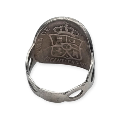Queen Isabel II 1868 coin ring in silver, numismatic jewelry, circa 1950