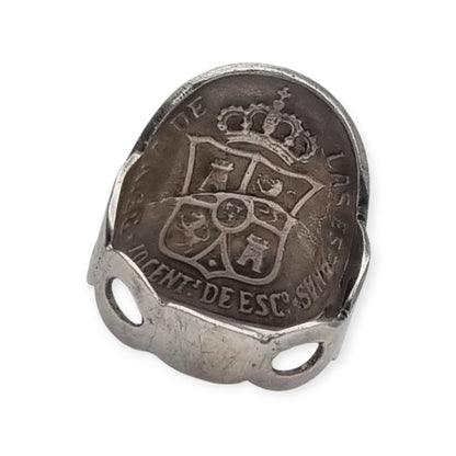 Queen Isabel II 1868 coin ring in silver, numismatic jewelry, circa 1950