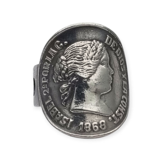 Queen Isabel II 1868 coin ring in silver, numismatic jewelry, circa 1950