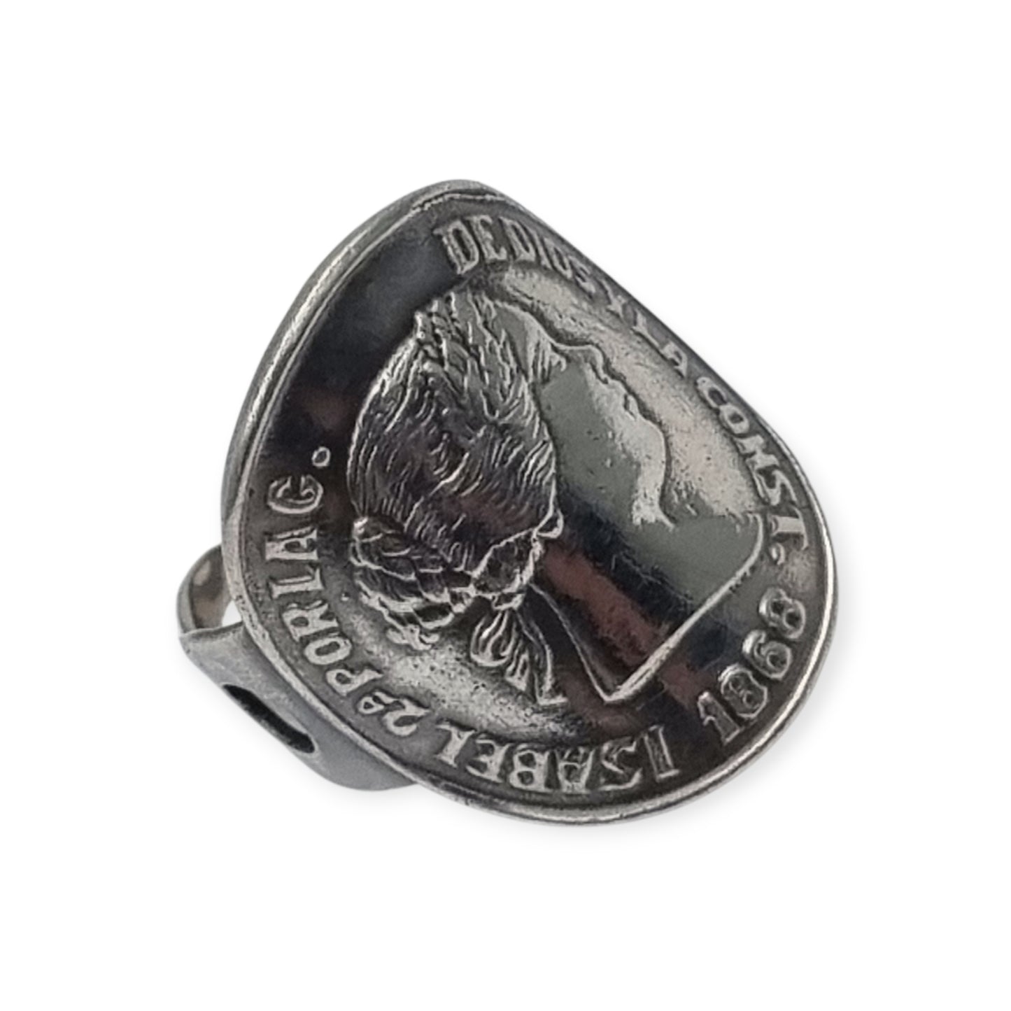 Queen Isabel II 1868 coin ring in silver, numismatic jewelry, circa 1950