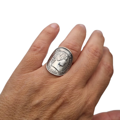 Queen Isabel II 1868 coin ring in silver, numismatic jewelry, circa 1950
