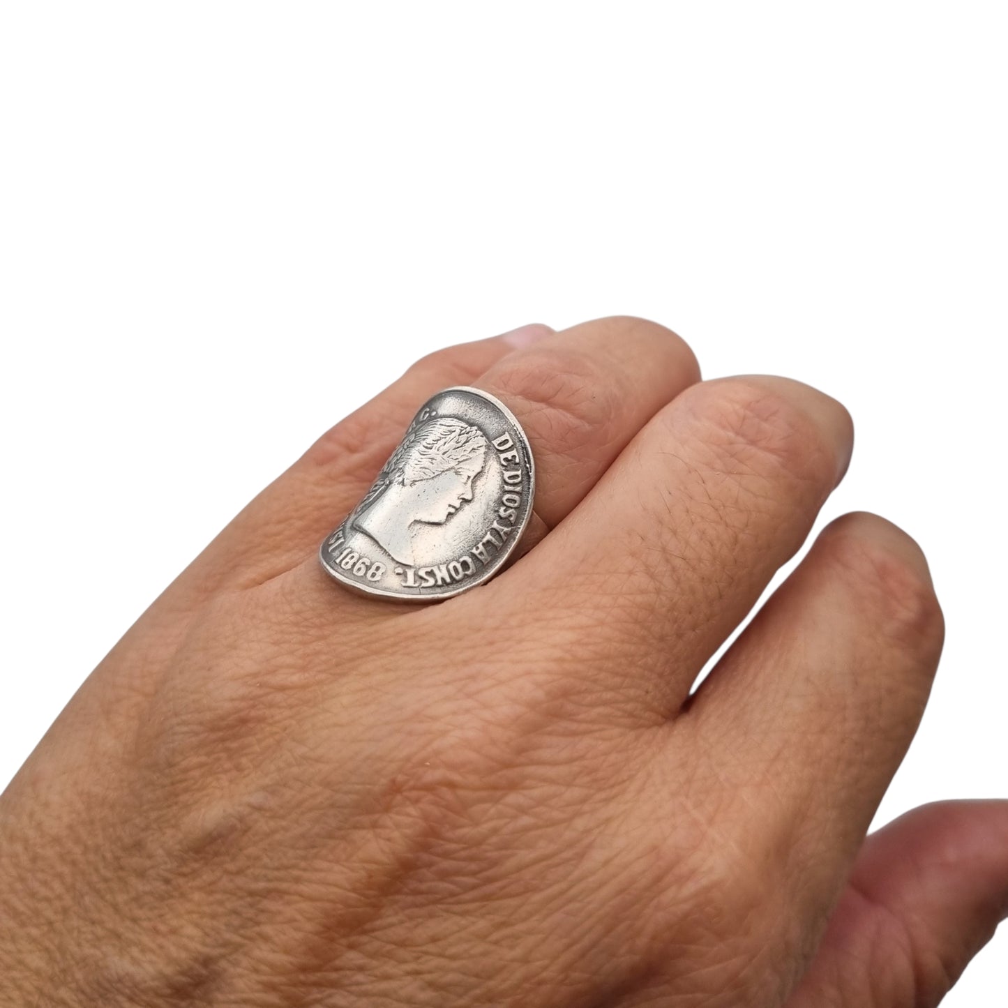 Queen Isabel II 1868 coin ring in silver, numismatic jewelry, circa 1950