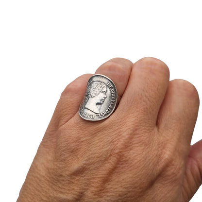 Queen Isabel II 1868 coin ring in silver, numismatic jewelry, circa 1950