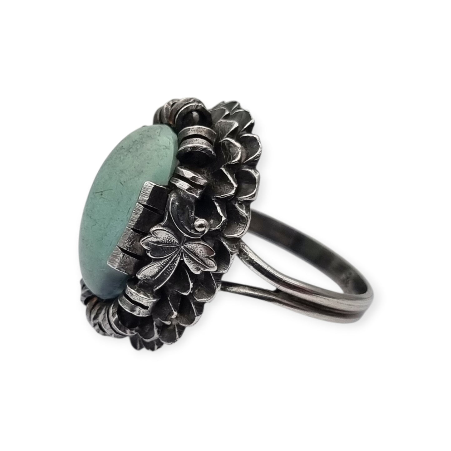 Late Art Deco silver ring with a greenish-blue cabochon circa 1940-1950