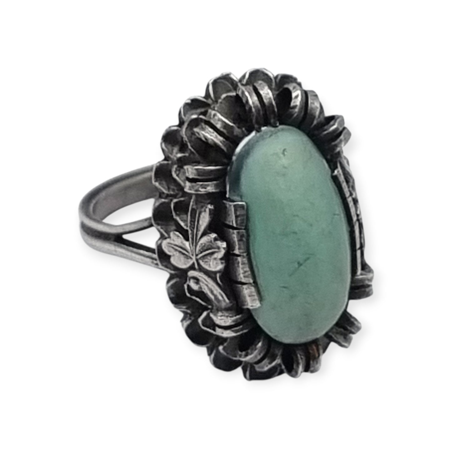 Late Art Deco silver ring with a greenish-blue cabochon circa 1940-1950