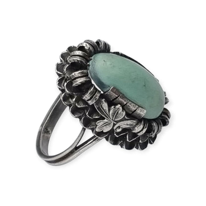 Late Art Deco silver ring with a greenish-blue cabochon circa 1940-1950