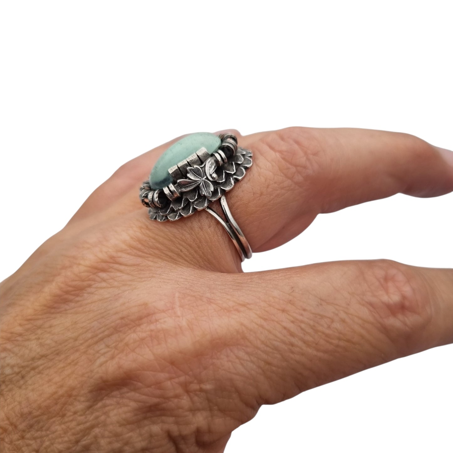 Late Art Deco silver ring with a greenish-blue cabochon circa 1940-1950