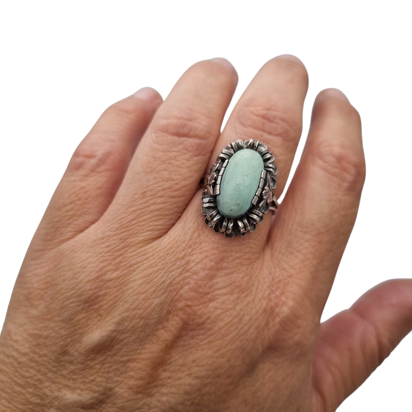 Late Art Deco silver ring with a greenish-blue cabochon circa 1940-1950