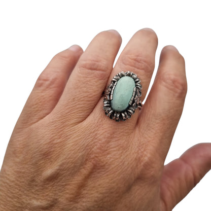 Late Art Deco silver ring with a greenish-blue cabochon circa 1940-1950