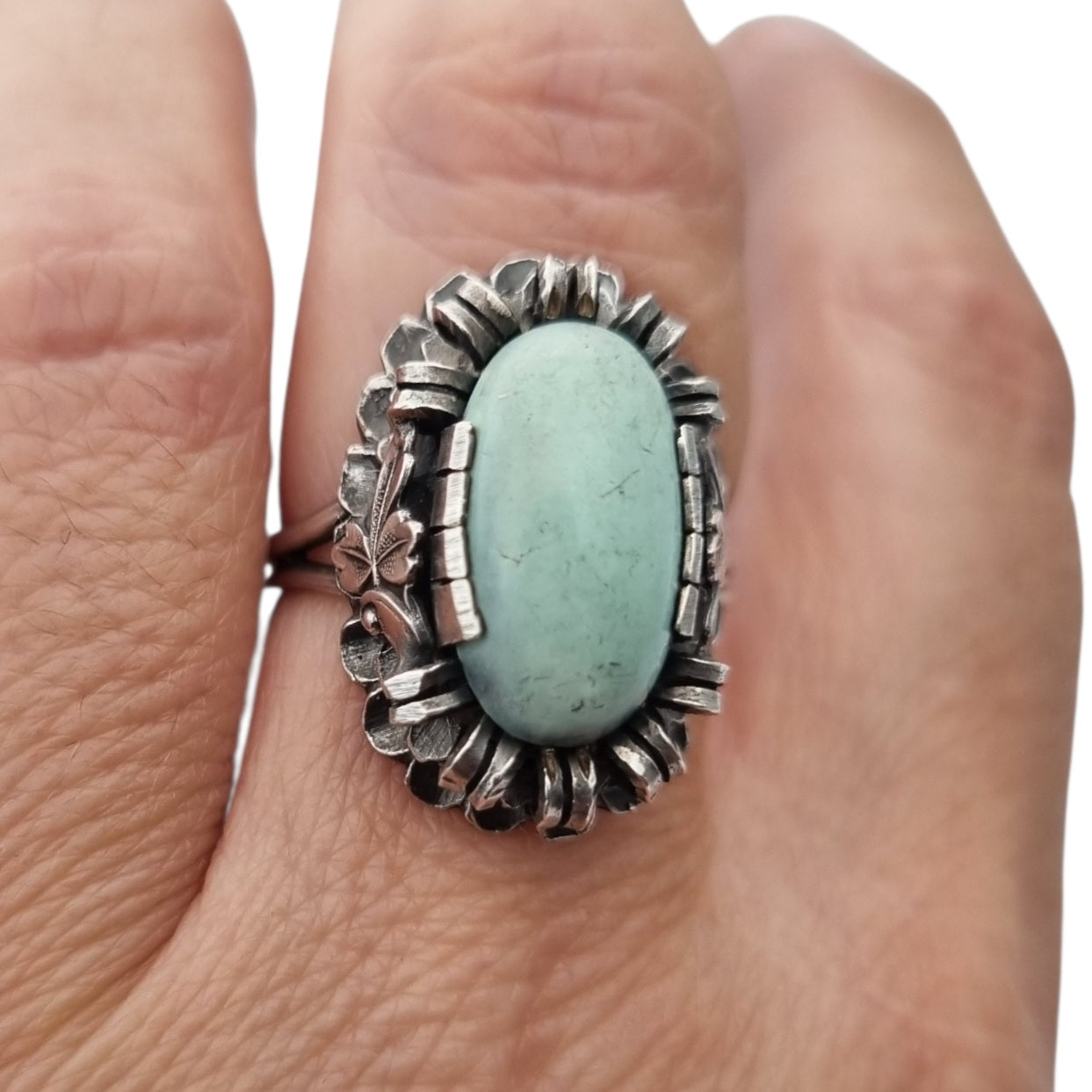 Late Art Deco silver ring with a greenish-blue cabochon circa 1940-1950